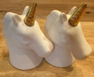 Unicorn Salt & Pepper Shakers Set White Gold Ceramic